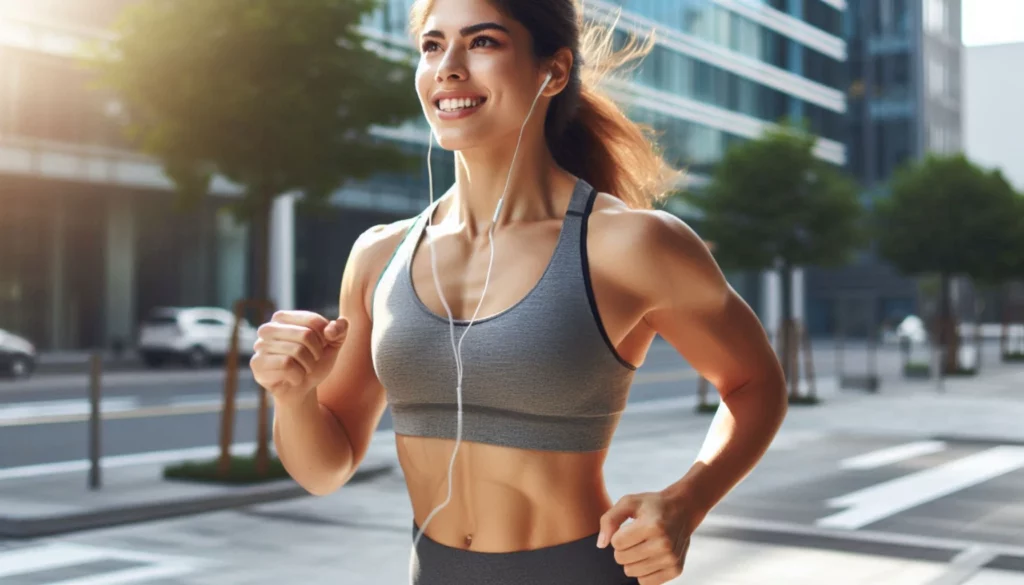 Person running outdoors in exercise clothes, with white earphones on a street with modern buildings