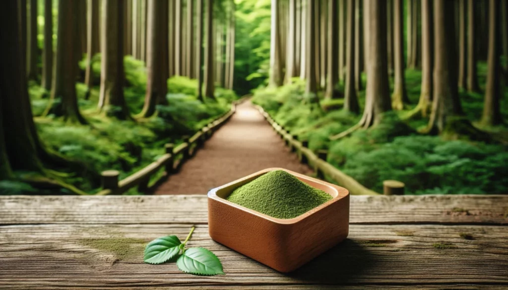 A wooden bowl filled with green kratom powder, accompanied by a fresh leaf, set against a forest path
