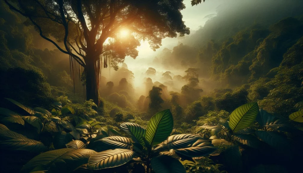 A tall tree with sprawling branches in a sunny, misty forest, with smaller kratom trees in the foreground