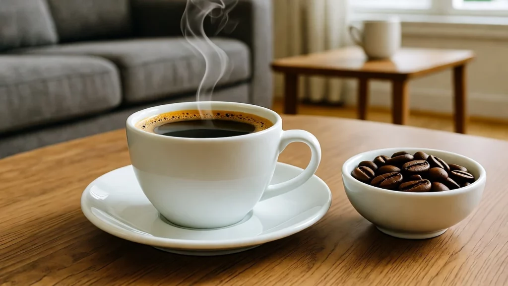 Steaming black coffee in a white ceramic cup on a saucer, paired with a bowl of dark roasted coffee beans on a wooden table