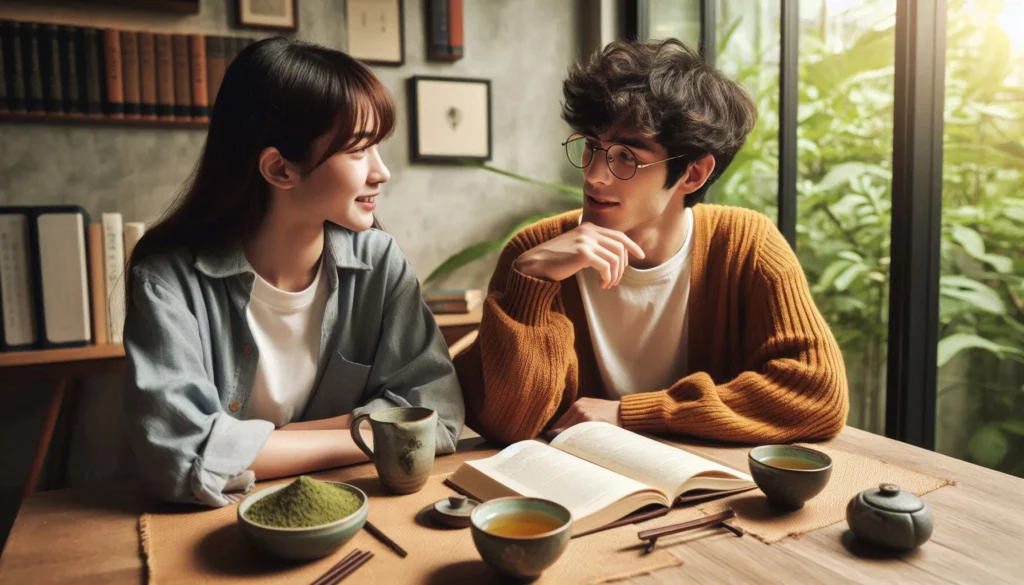 Two friends engaged in conversation over a wooden table with tea cups, a bowl of kratom powder, and an open book