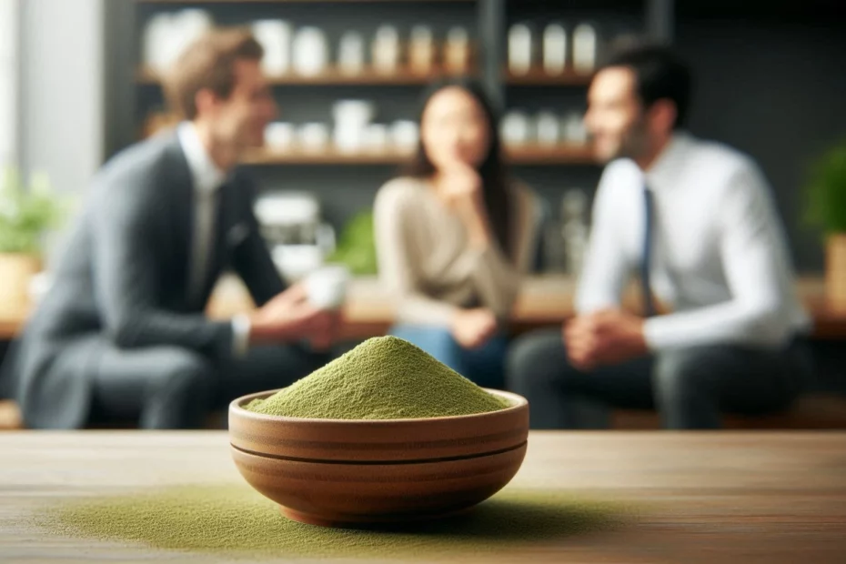Friends discussing a sober curious lifestyle in a café with a bowl of kratom powder in the foreground