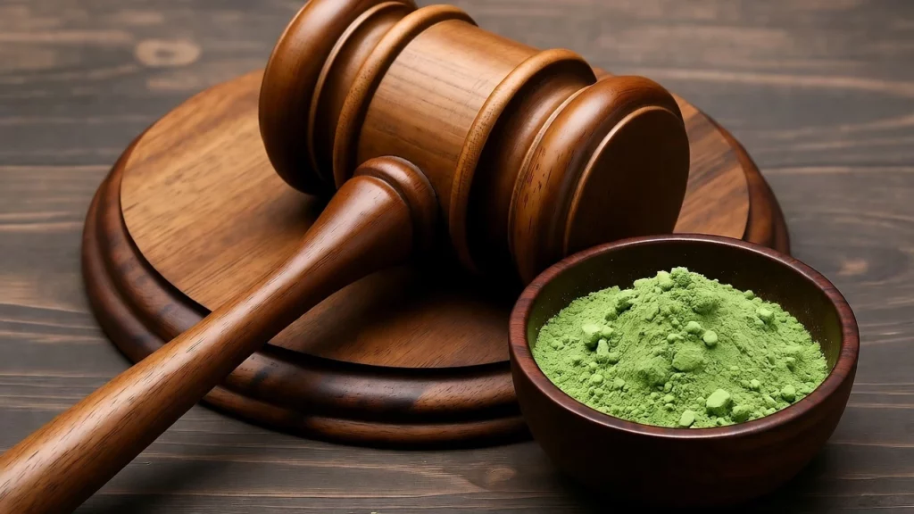 Wooden gavel on a stand next to a bowl of green kratom powder on a dark wooden surface