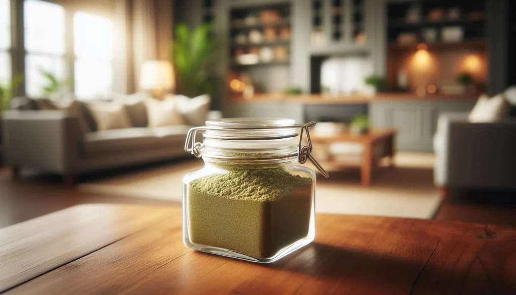 Glass jar filled with kratom powder, placed on a living room table with blurred sofas and shelves