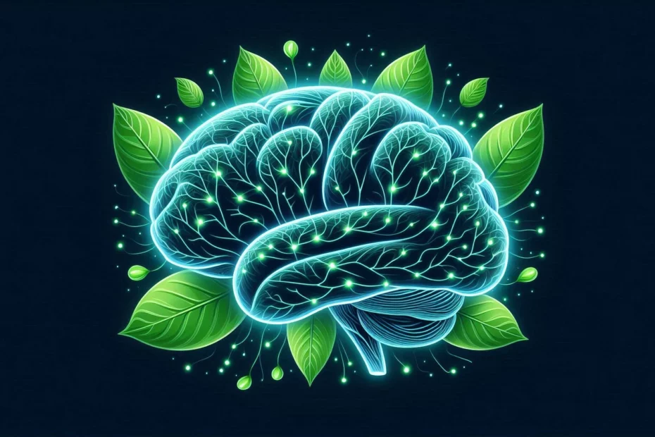 Kratom BDNF effects with a glowing brain and kratom leaves around on a dark background.
