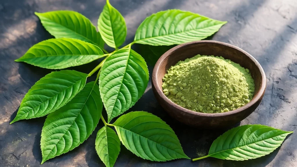 Fresh green kratom leaves arranged beside wooden bowl of fine kratom powder on dark surface