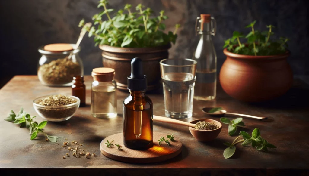 A dark tincture bottle surrounded by potted herbs, and dried herbs, and a glass of water on a rustic wooden table