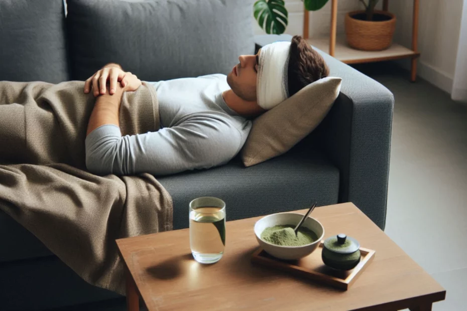 Man with head bandage resting on couch, feeling kratom's analgesic properties from the bowl of kratom powder on the table beside him