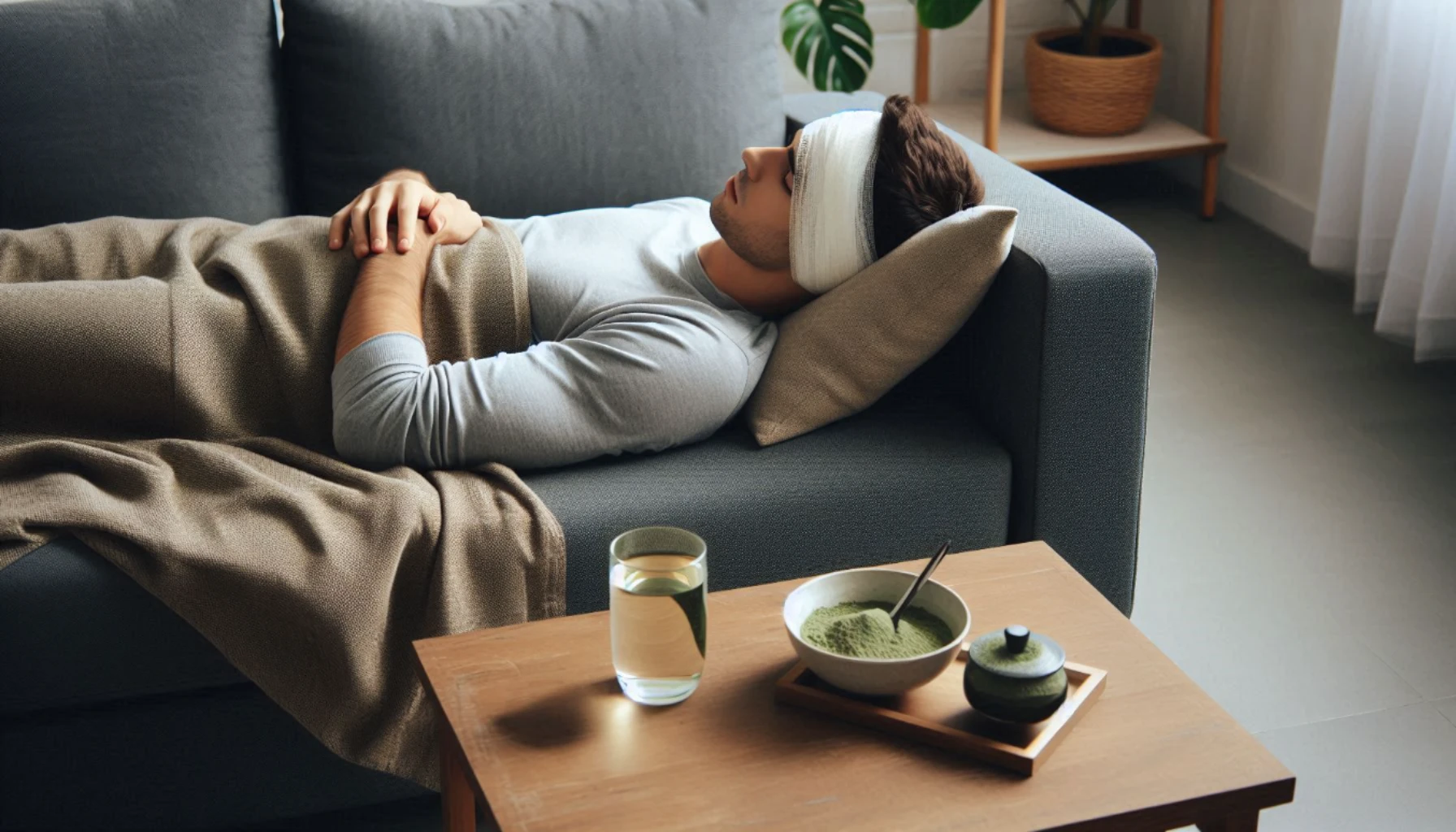 Man with head bandage resting on couch, feeling kratom's analgesic properties from the bowl of kratom powder on the table beside him