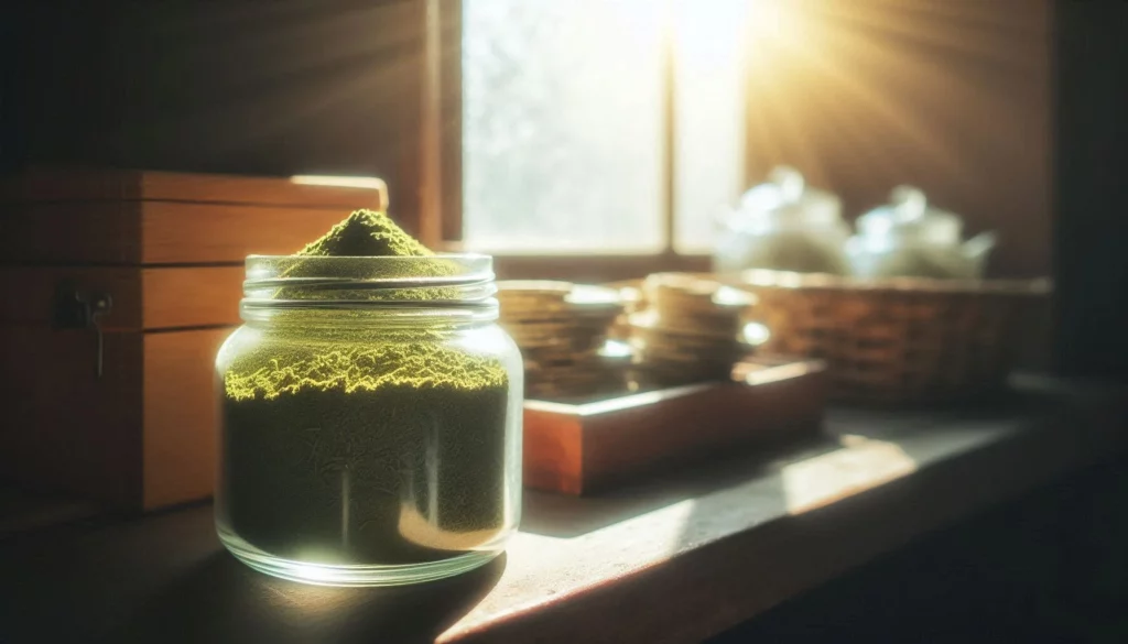 A glass jar filled with green kratom powder, illuminated by sunlight streaming through a window