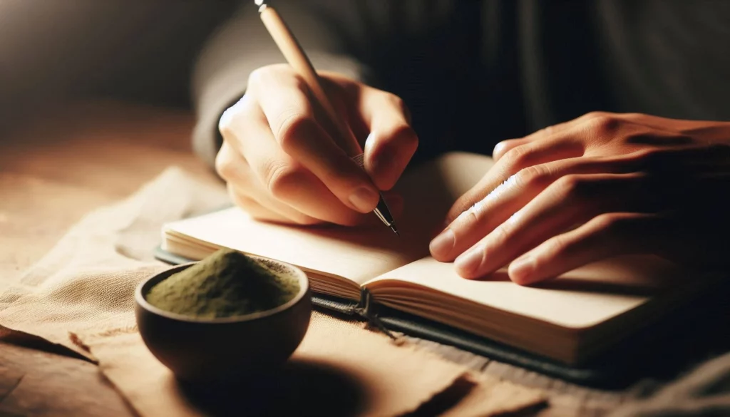 A person writing in an open notebook, alongside a small bowl of green kratom powder on a wooden surface
