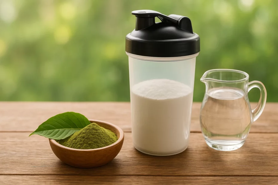 A combination of kratom and creatine in a bowl and shaker bottle, with a small pitcher of water on a wooden surface.