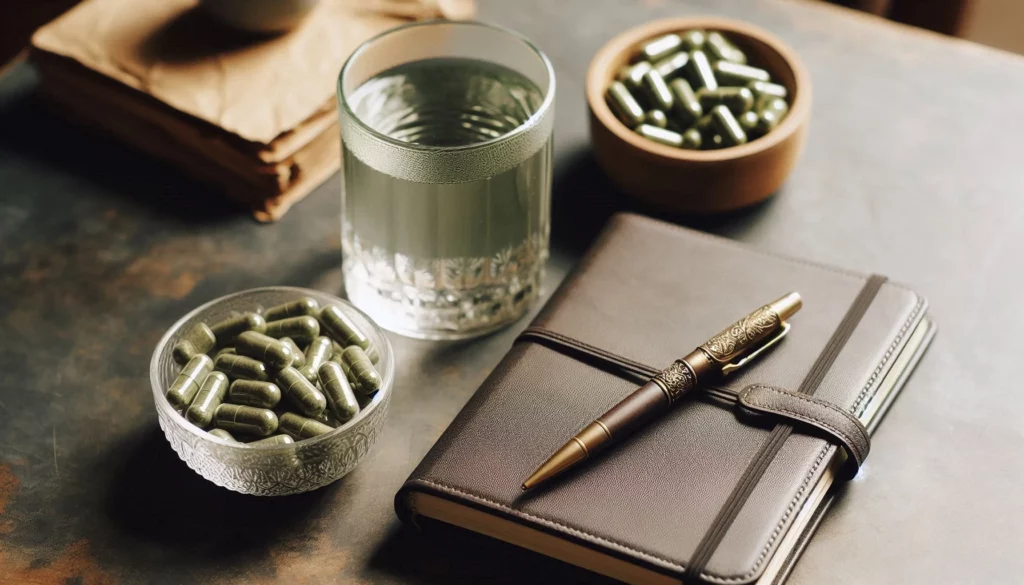 Green kratom capsules in glass bowls next to water glass and leather notebook with pen on a dark desk