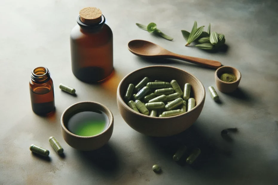 Kratom capsules in a wooden bowl two tincture bottles, a wooden spoon, and fresh leaves highlighting different bioavailability of plants