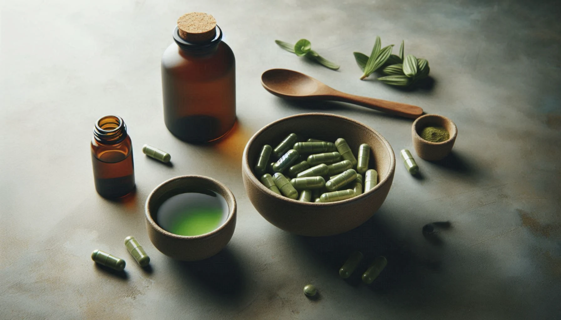 Kratom capsules in a wooden bowl two tincture bottles, a wooden spoon, and fresh leaves highlighting different bioavailability of plants