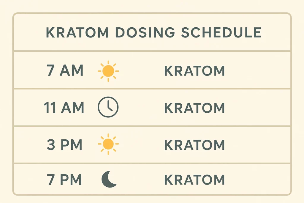 Kratom dosing schedule with times at 7 AM, 11 AM, 3 PM, and 7 PM marked by icons