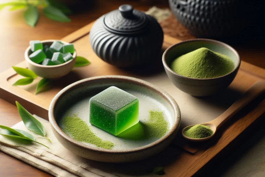Kratom edibles vs powder with a square gummy on a plate alongside a bowl of smaller cubes and kratom powder