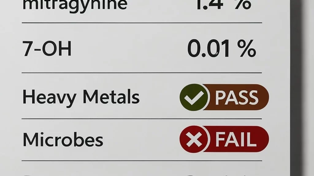 Kratom test results showing 1.4% mitragynine, 0.01% 7-OH, heavy metals pass, microbes fail