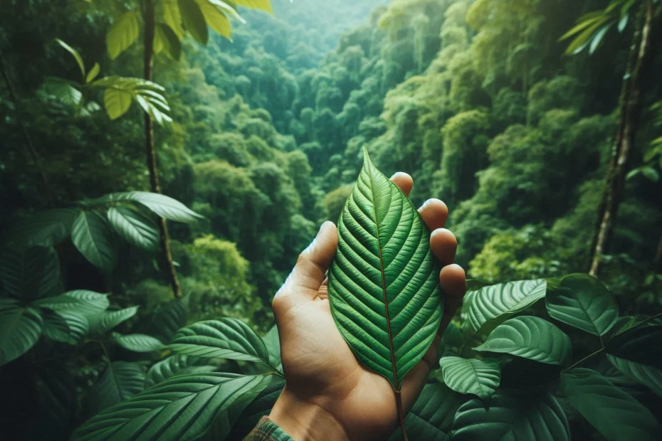 A hand gently holding a green kratom leaf surrounded by a forest, symbolizing transparency in kratom