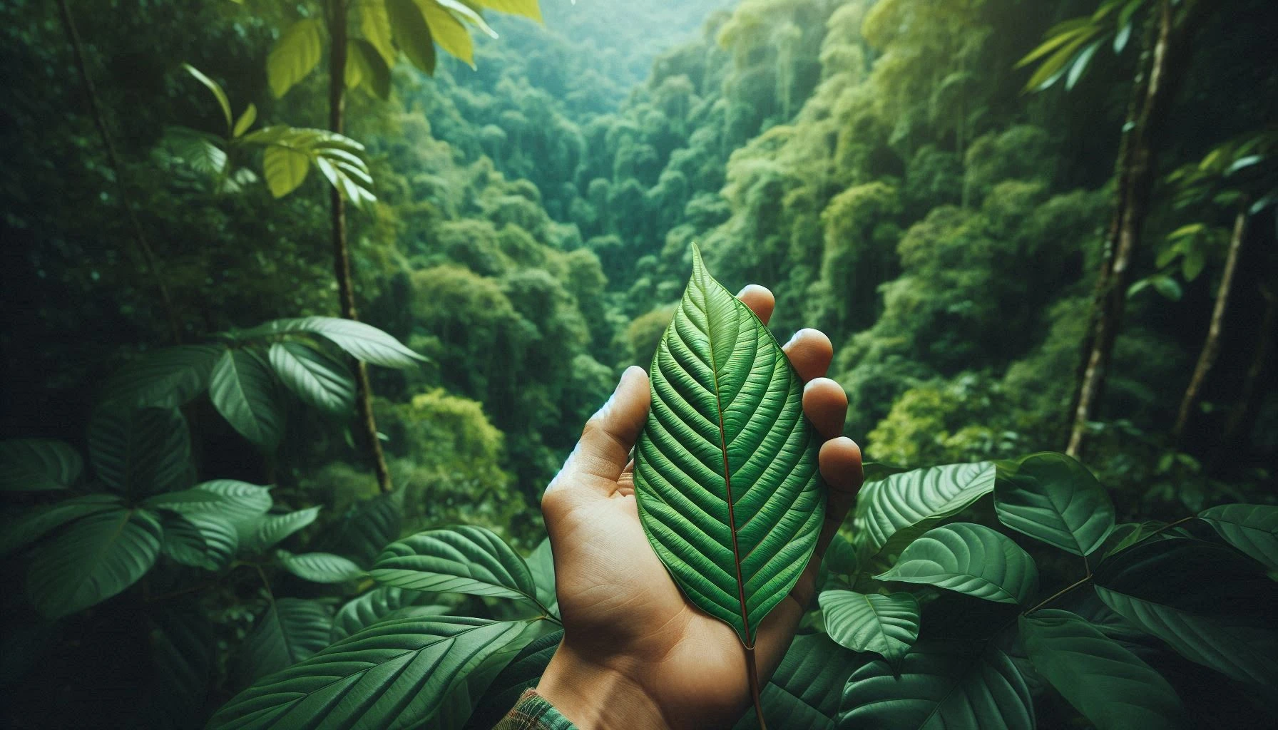 A hand gently holding a green kratom leaf surrounded by a forest, symbolizing transparency in kratom