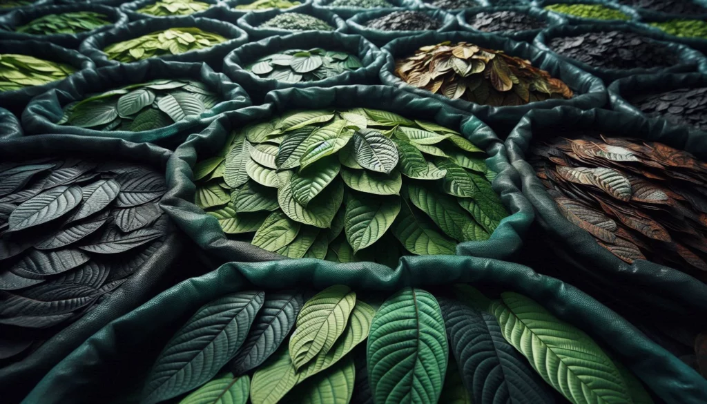 Rows of green kratom leaves in fabric sacks, showcasing various stages of drying and fermentation