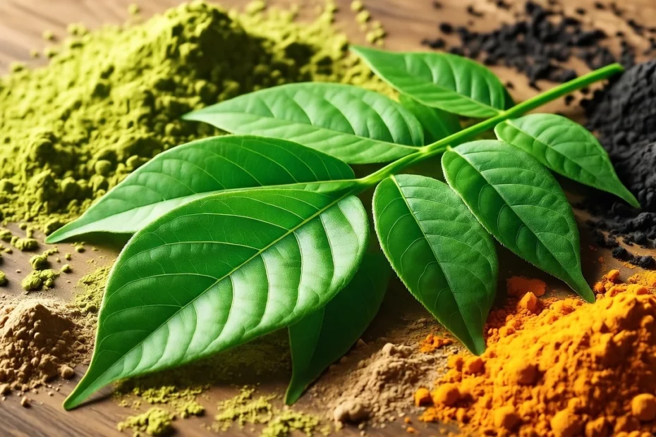 Kratom leaves with powdered kava, moringa, and other kratom natural stacks in various colours on a wooden surface