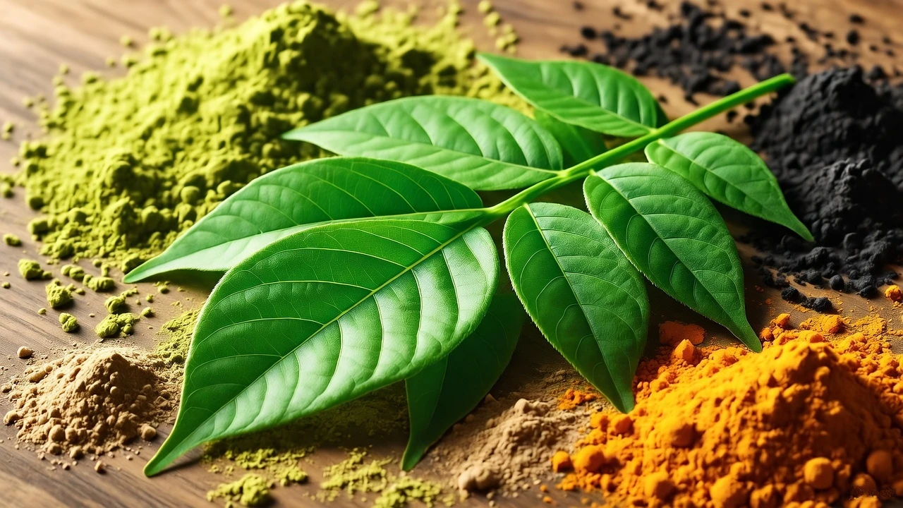 Kratom leaves with powdered kava, moringa, and other kratom natural stacks in various colours on a wooden surface