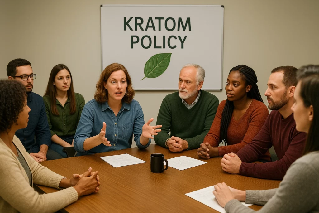 Group of individuals debating about kratom at table with papers and coffee mug