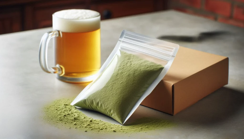 Sealed kratom powder next to a frothy glass of beer on a concrete surface with a cardboard box