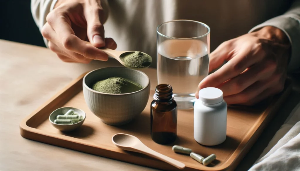 A spoon of kratom being held above a kratom powder bowl, next to a glass of water and supplement bottles on a wooden tray