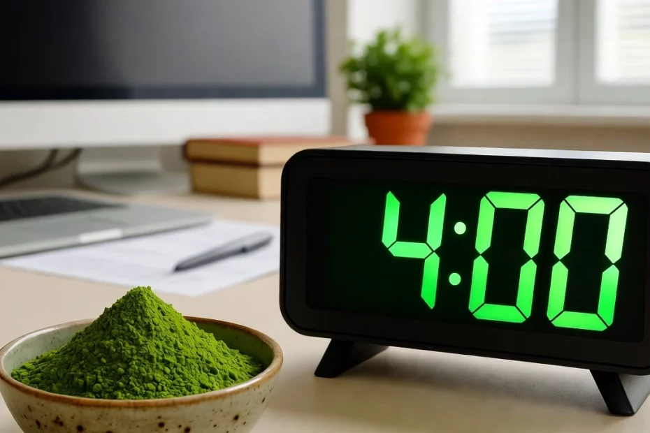 The 4-hour rule with a bowl of kratom powder by a digital clock showing 4:00 on an office desk