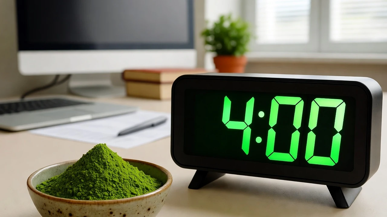 The 4-hour rule with a bowl of kratom powder by a digital clock showing 4:00 on an office desk