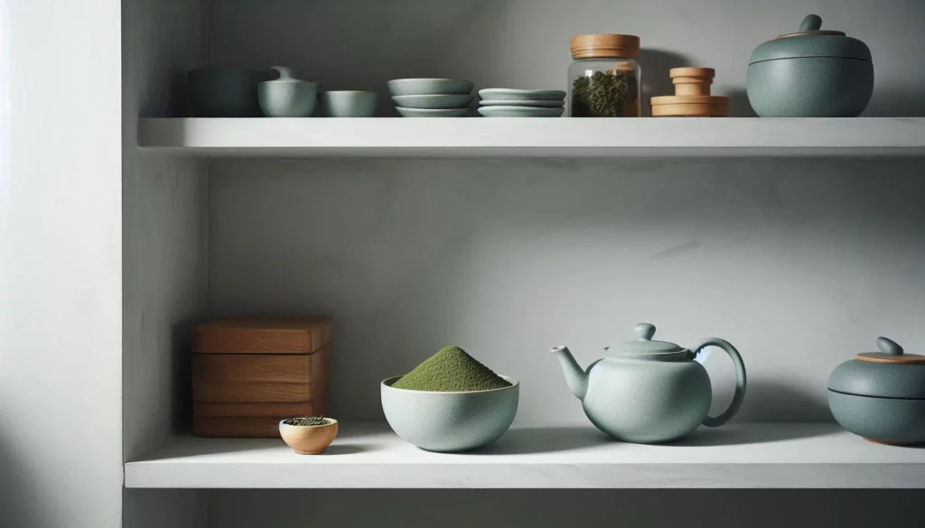 Green kratom powder in a ceramic bowl on a minimalist shelf with a teapot, jars, and stacked dishes