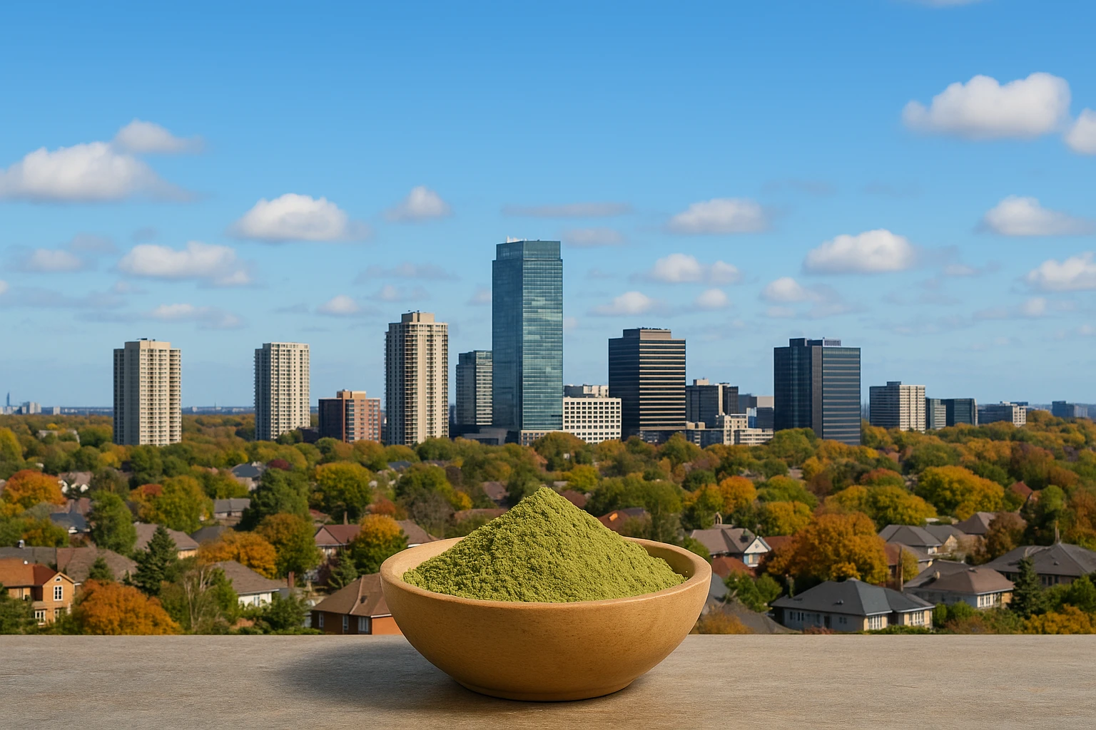 Kratom online in Richmond Hill with a wooden bowl of kratom powder in front of a city skyline with tall buildings and autumn trees