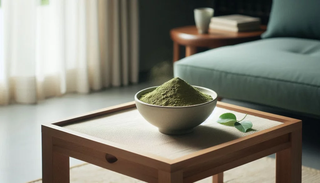 Bowl of kratom powder on wooden table with green leaf, near teal sofa and sheer curtains