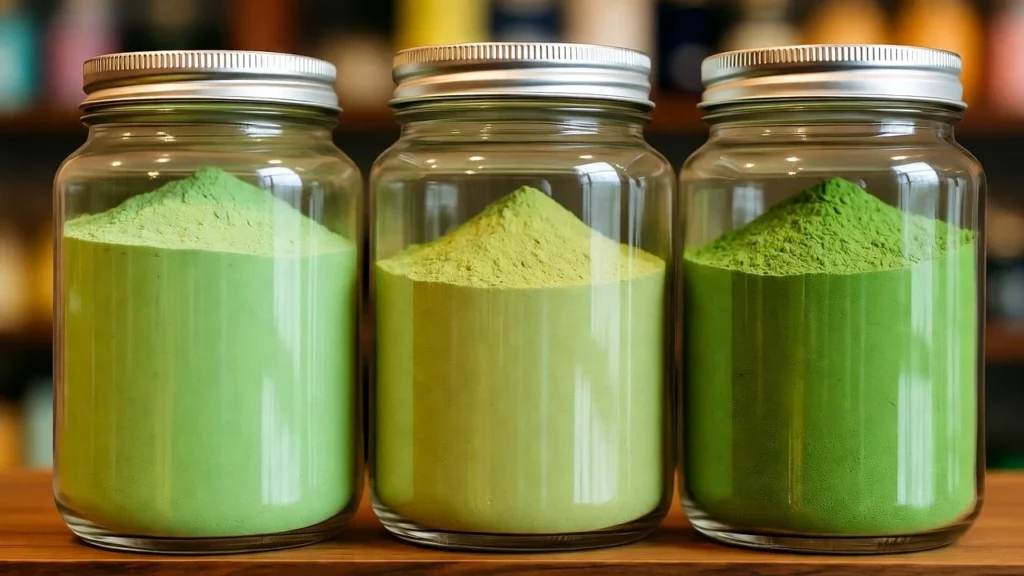 Three glass jars filled with green kratom powder, sealed with metal lids, arranged on a wooden surface