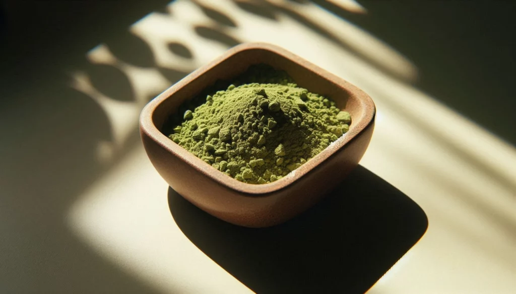 Kratom powder piled in a wooden bowl, illuminated by soft natural light with leaf-shaped shadows in the background