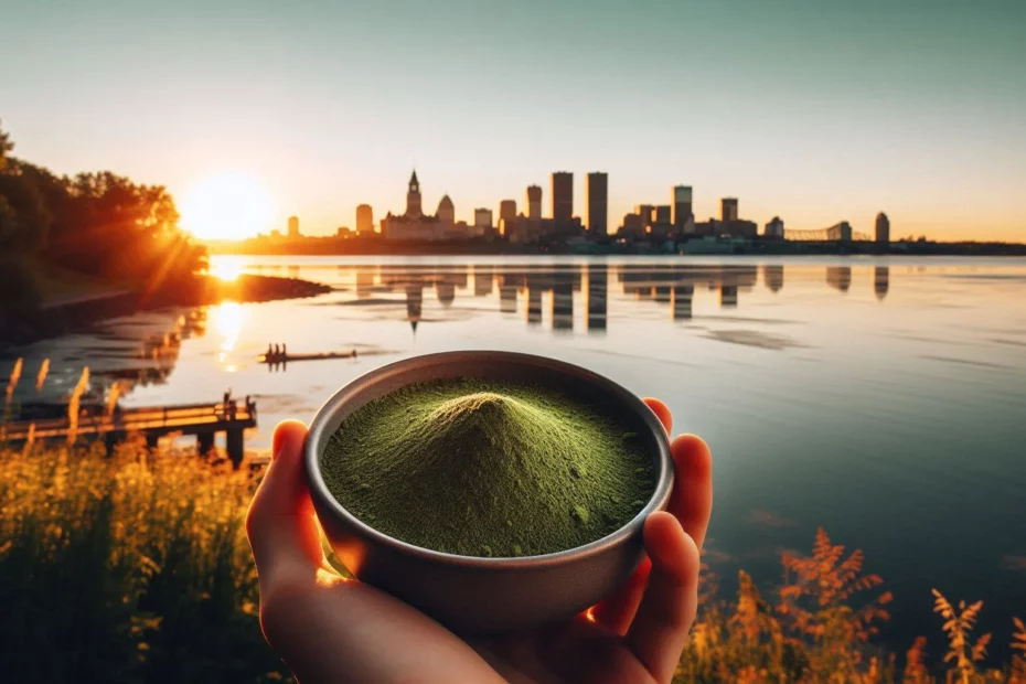 A hand holding a bowl of kratom in Longueuil, Quebec during sunset over calm waters