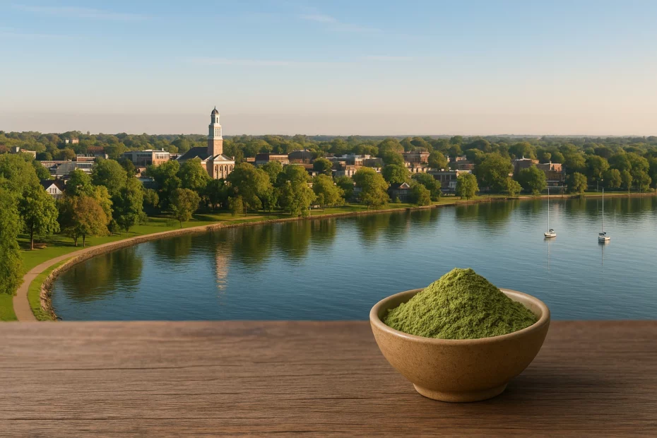 Kratom in Oakville in a ceramic bowl on a wooden surface with a scenic Oakville cityscape and lake in the background
