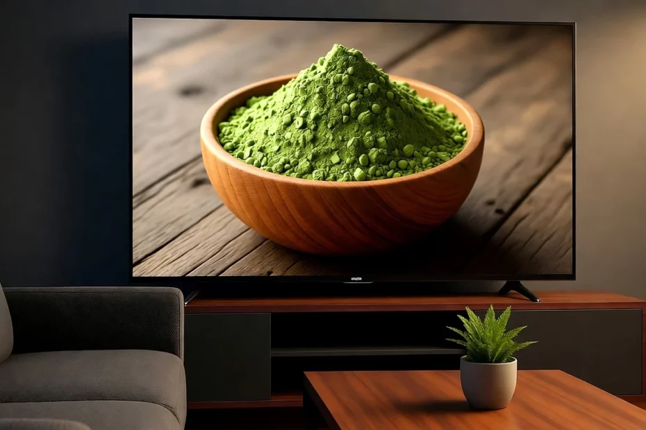 Kratom in pop culture showing a wooden bowl of kratom powder on a TV screen, with a gray sofa in a living room