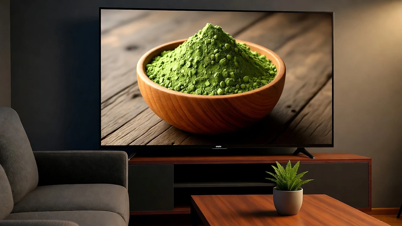 Kratom in pop culture showing a wooden bowl of kratom powder on a TV screen, with a gray sofa in a living room