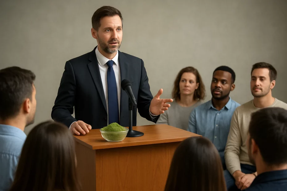 A kratom public health debate with a suited man speaking at a podium in front of a small crowd