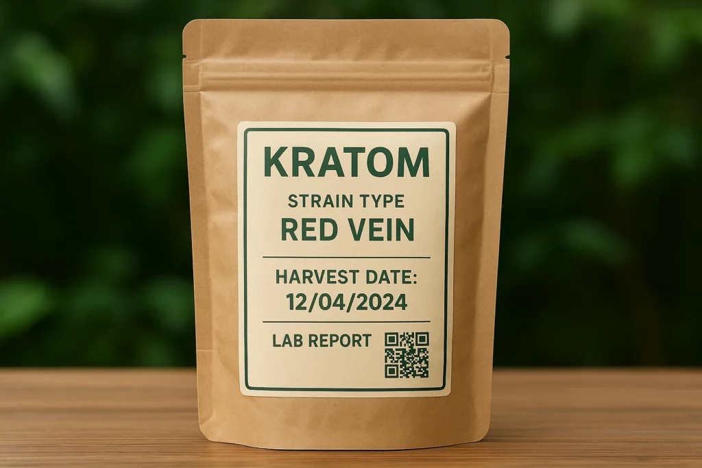 A kraft paper pouch labelled with kratom strain, harvest date information and QR code