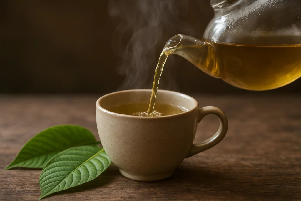 Kratom tea pouring from a glass teapot into a ceramic cup, with fresh green kratom nearby.