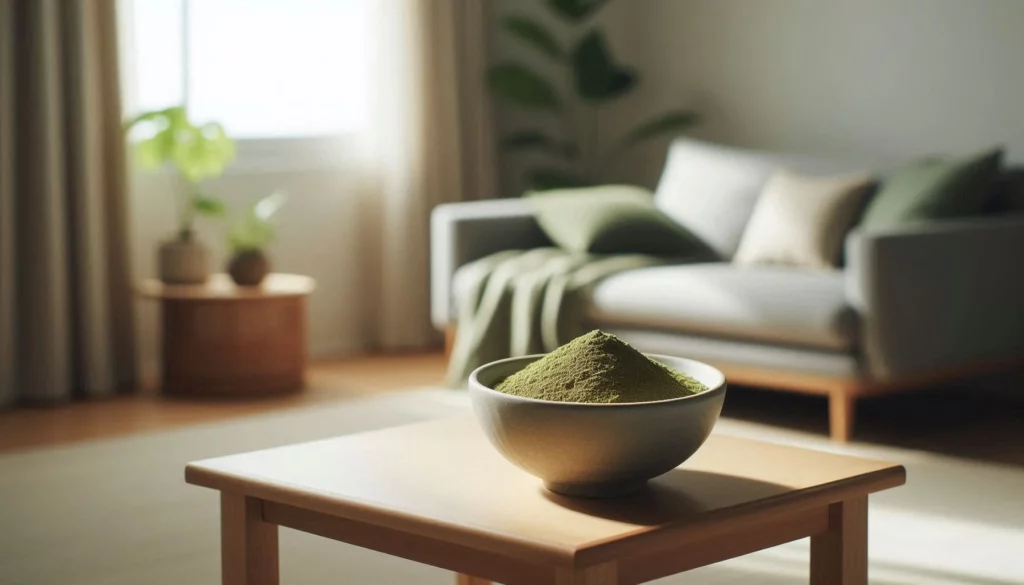 A bowl of kratom powder on a wooden table, in a living room with a sofa, green cushions, and potted plants near a sunlit window