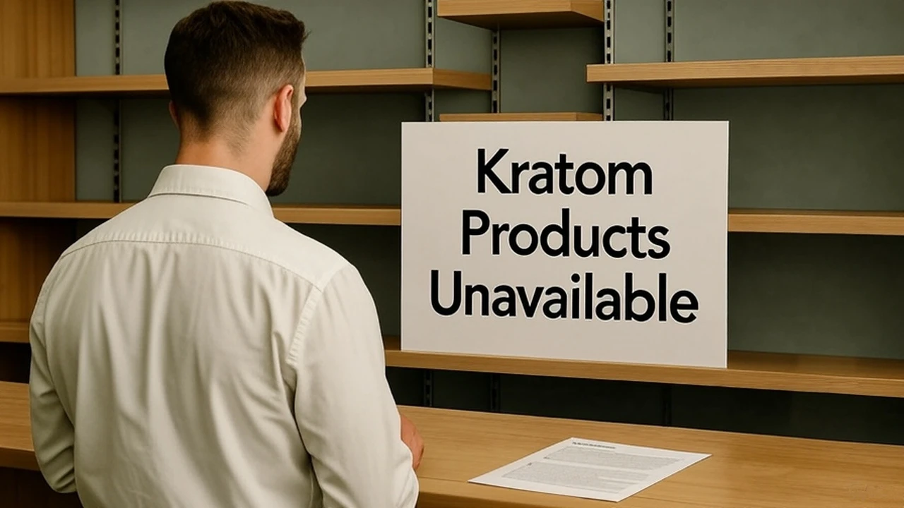 Man in white shirt facing empty shelves with a "Kratom Products Unavailable" sign due to nationwide kratom ban