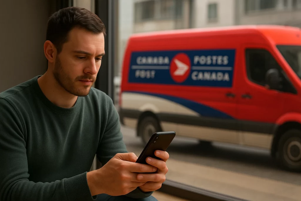A man using their smartphone near a window with a red Canada Post van parked outside