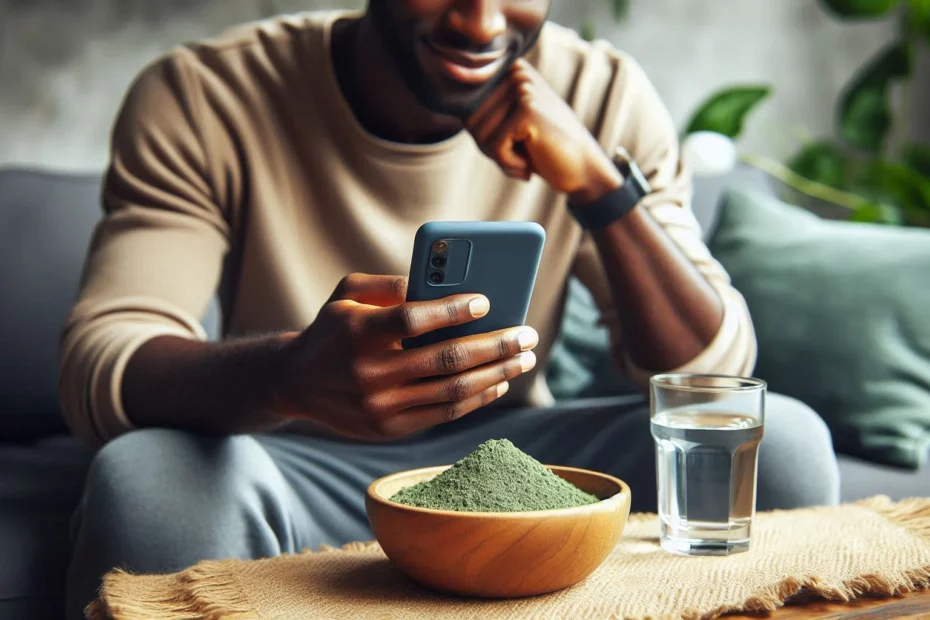A person sitting on a couch, holding a smartphone, engaging with kratom online communities by a bowl of kratom powder and a glass of water