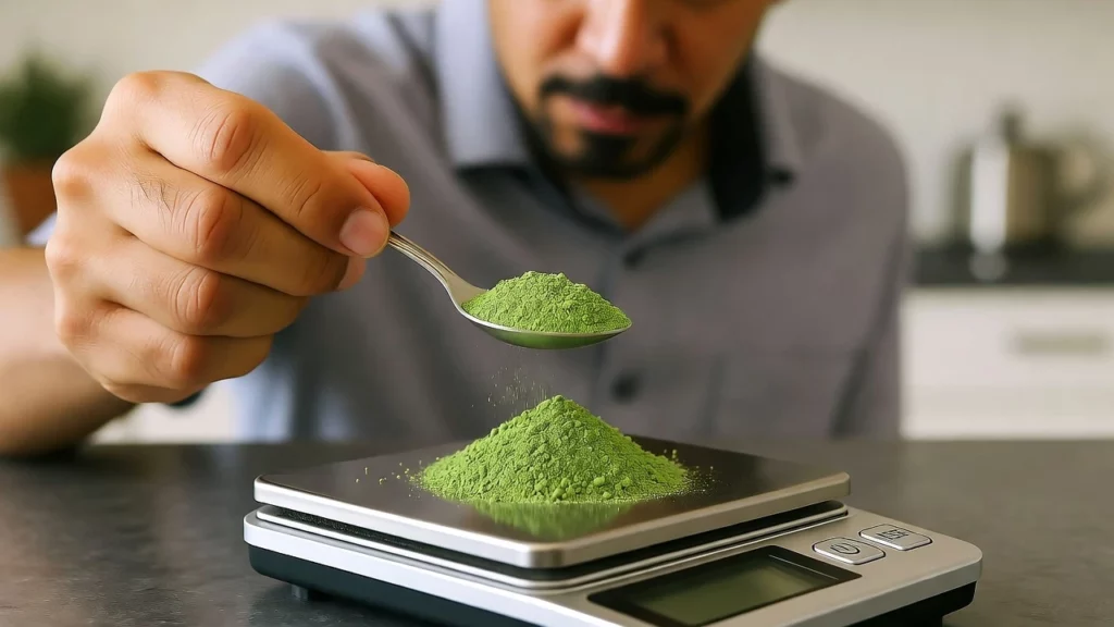 Man in light blue shirt measures green kratom powder on digital scale using teaspoon