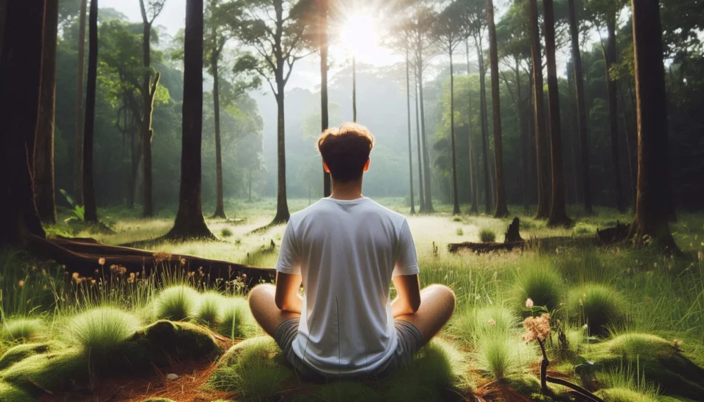A person in a white shirt meditating cross-legged on mossy ground in a sunlit forest with tall trees